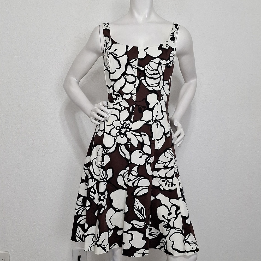 Nine West Brown White Floral Cottagecore Fit And Flare Midi Dress Size 12